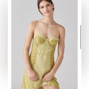 UO Felicity Eyelet Bustier Mini Dress xs green white